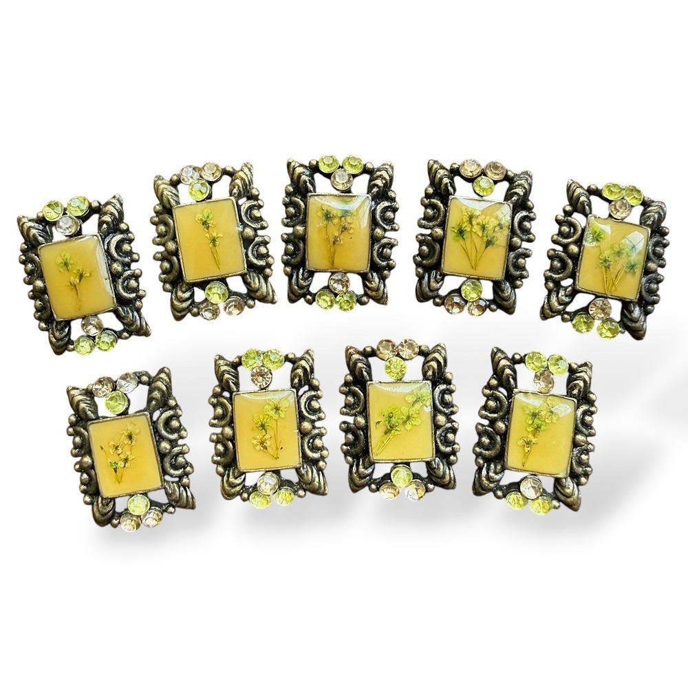 Lot 9 Vintage Ribbon Slide Brooches Dried Pressed‎ Flower Resin Rhinestone